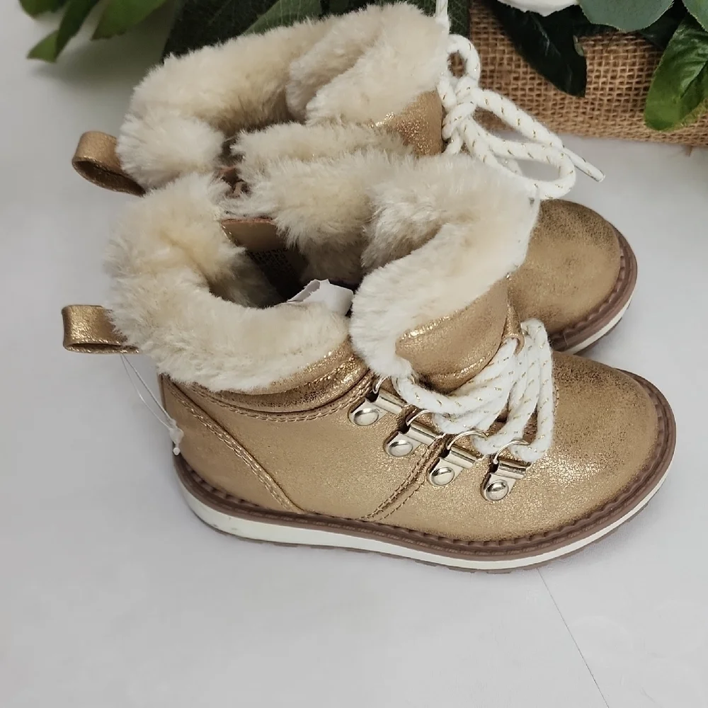 Kids Metallic Gold Faux-Fur Lined Winter Boots